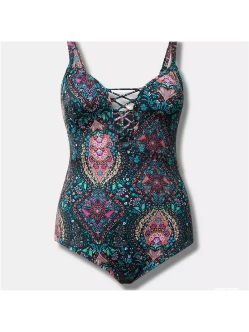 Torrid Wireless Plunge One-Piece Swimsuit plus Size 1x NWT Black & multicolored
